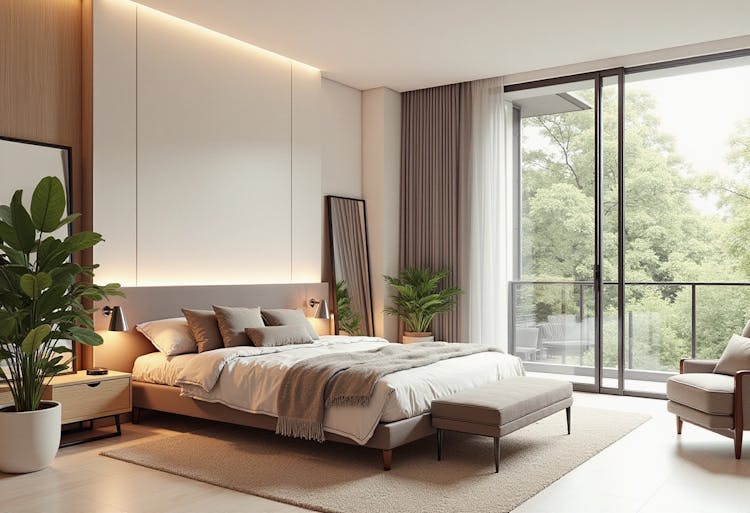 Modern bedroom with a large bed and a large window