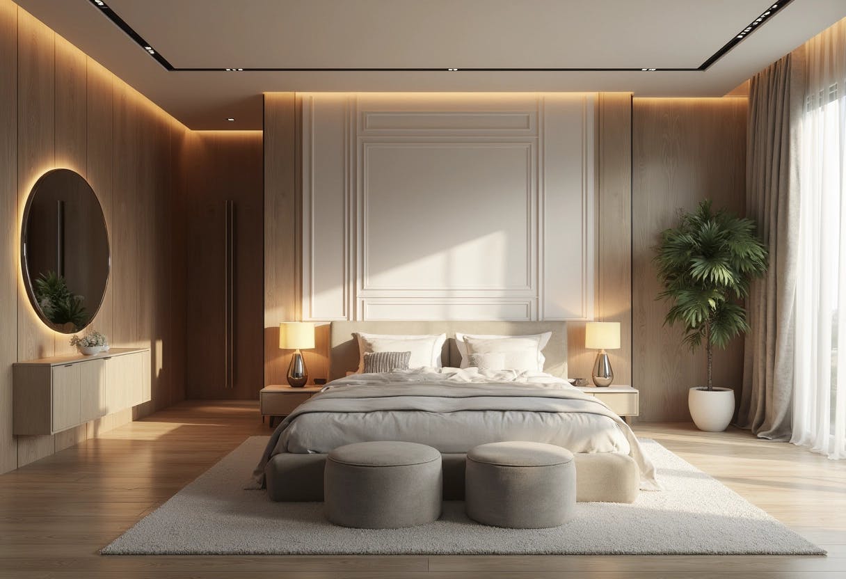 Modern bedroom with a large bed and a round mirror