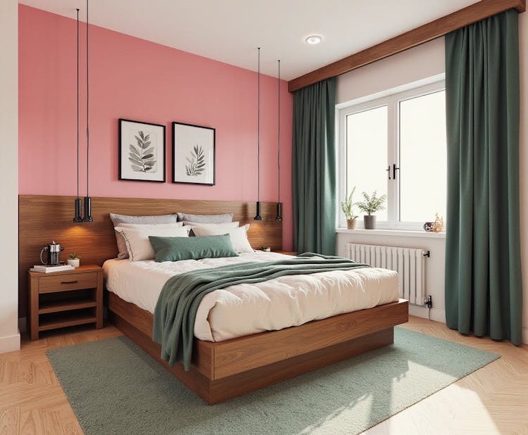 A walnut-themed bedroom featuring pink walls and green curtains