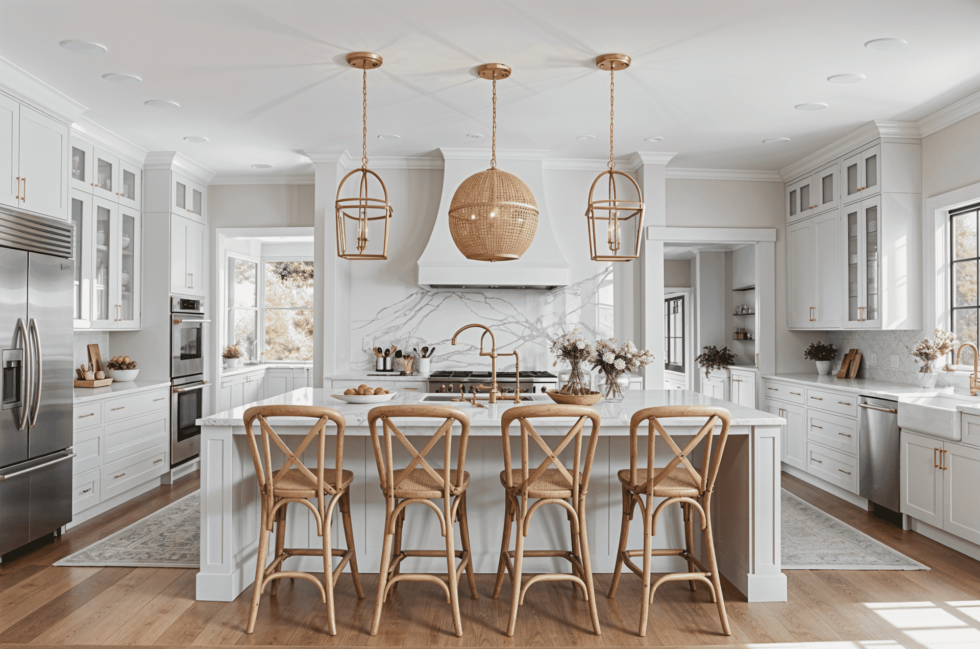 A large kitchen with a center island with chairs