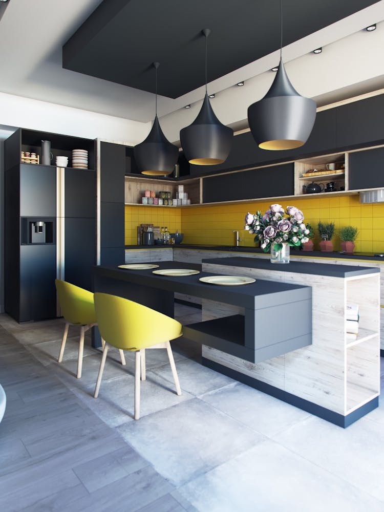 Modern kitchen with with yellow and gray accents