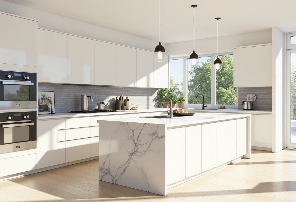 Minimalist kitchen with sleek white cabinets and a large central island