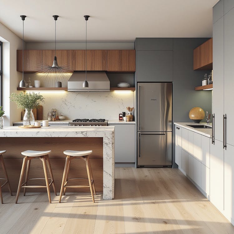 Modern kitchen with island and a refrigerator