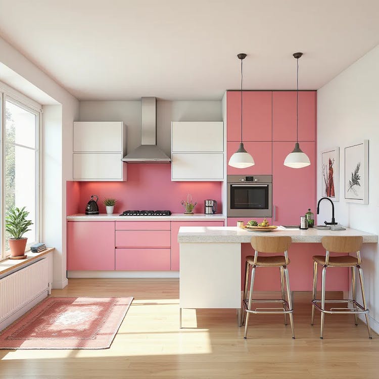 Pink and white modern kitchen with two stools