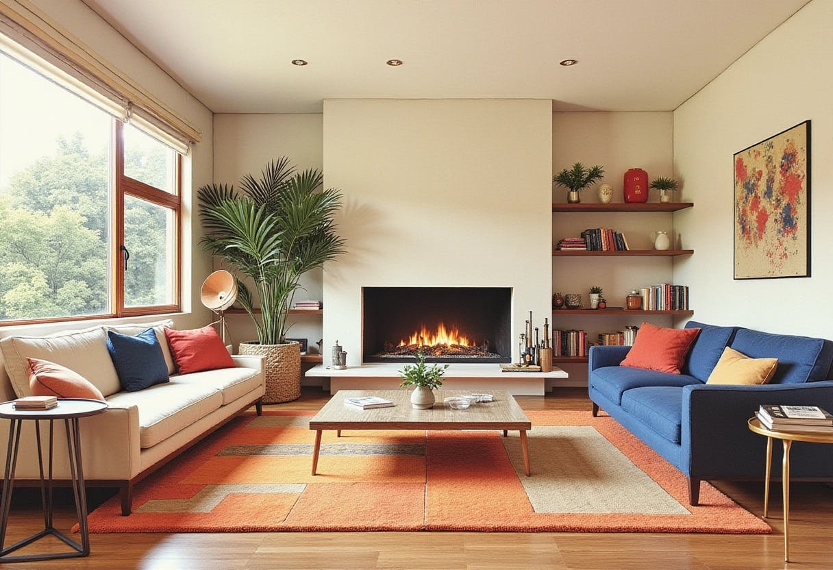 Mid-century living room filled with furniture and a fire place