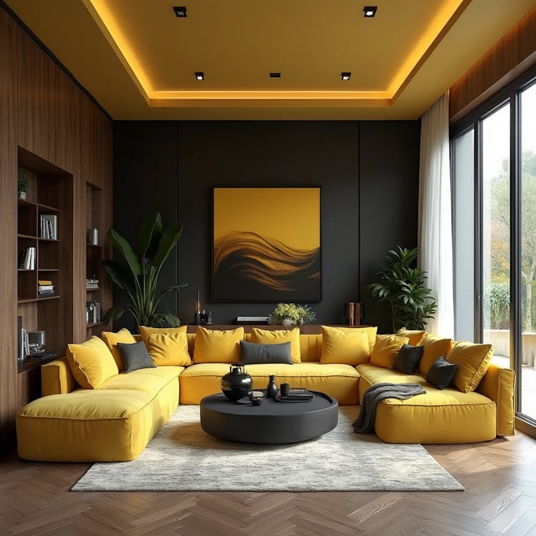 A modern living room with a large yellow couch