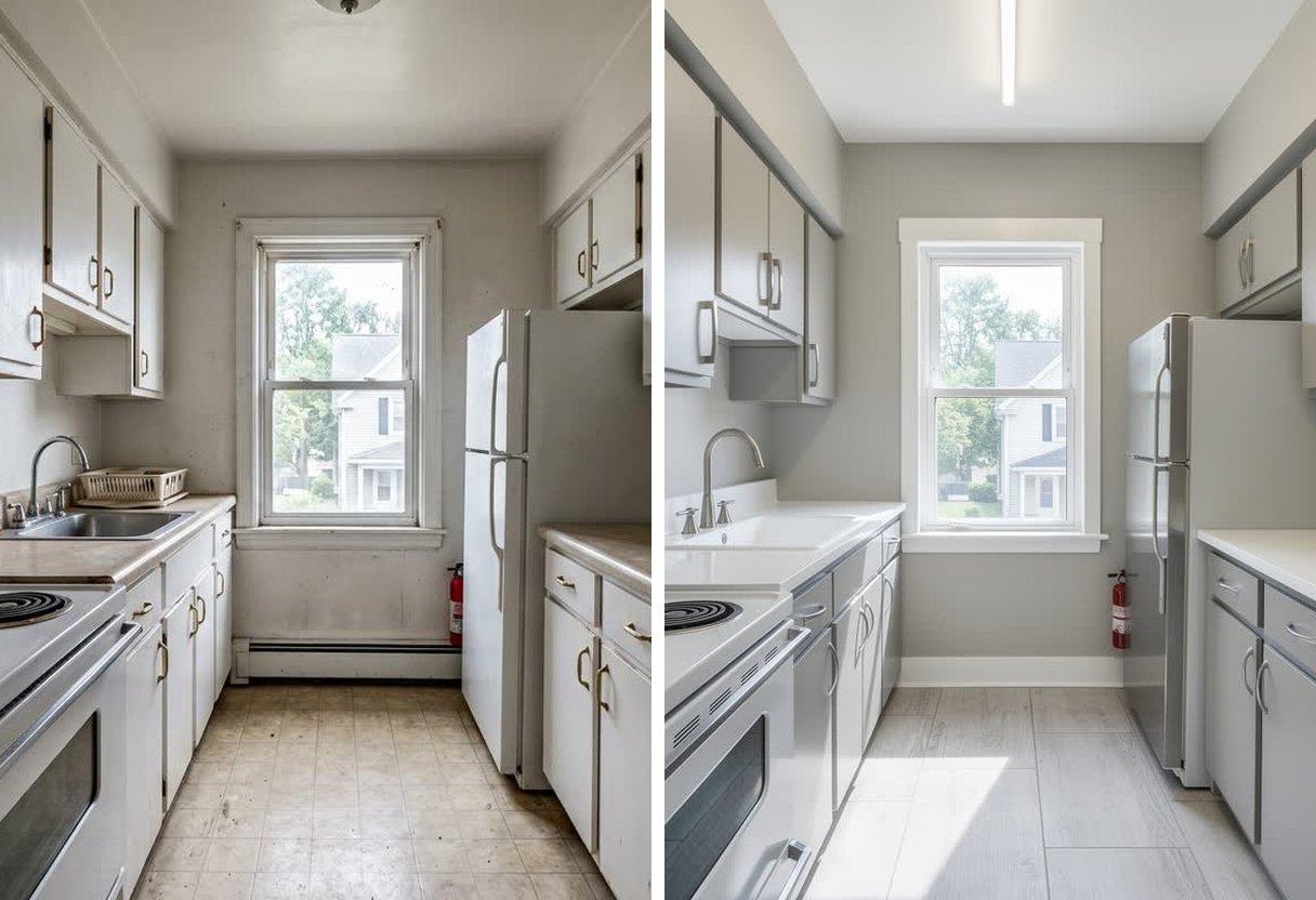A galley kitchen photo on the left and the same kitchen redesigned on the right with the window, range and sink in the same places