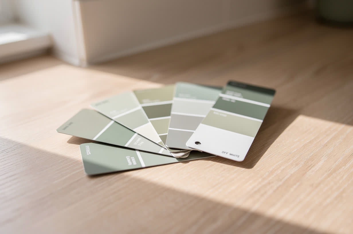 Paint color cards in greens, grays and off whites laid out on a countertop