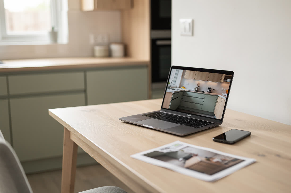 A desk with a laptop, a phone and a printed photograph of a kitchen