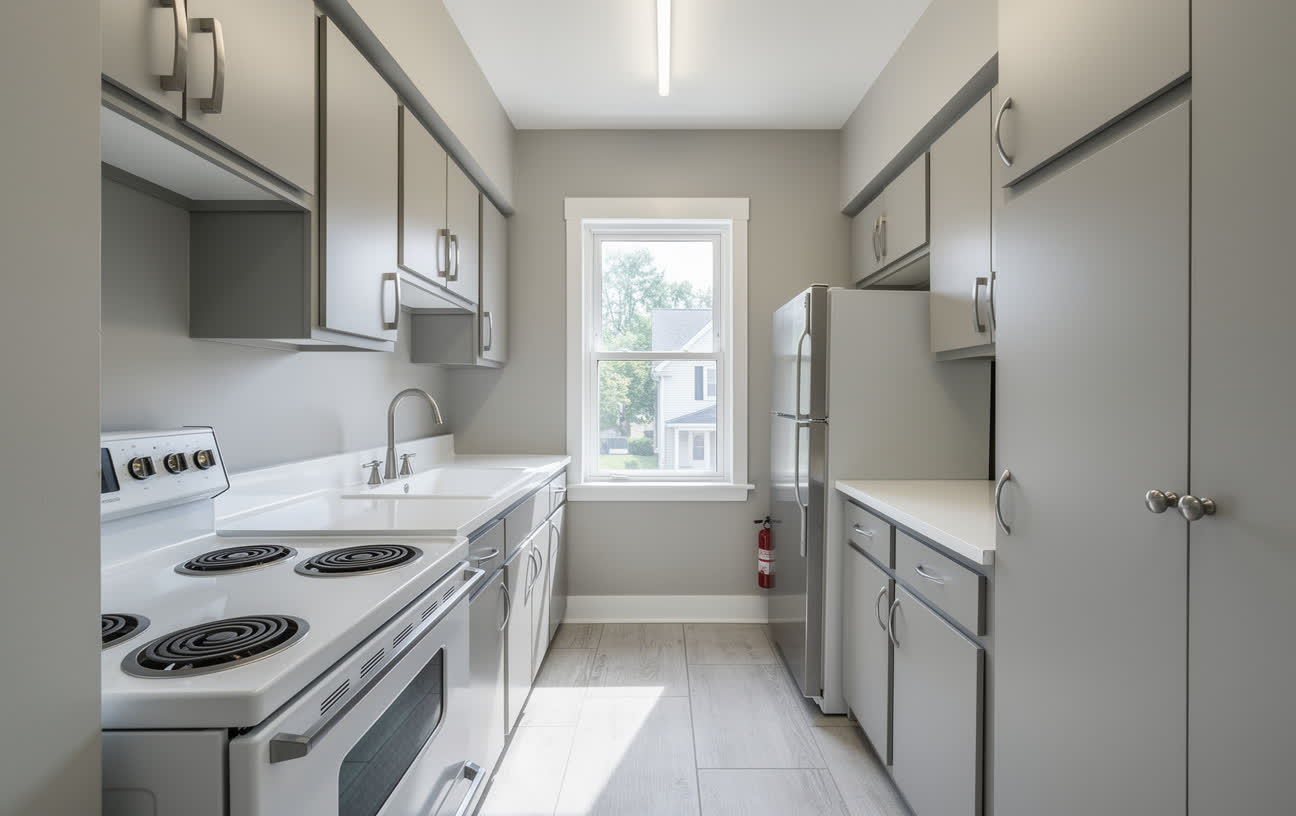 The same kitchen redesigned with the original window, the freestanding coil-burner range, the sink and the fridge alcove all kept in place