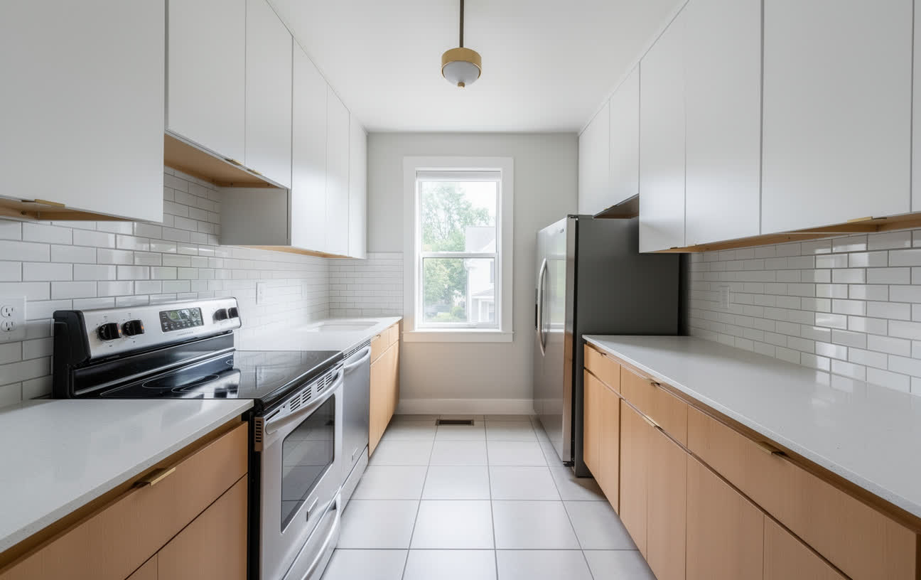The same kitchen redesigned in a modern style, with the window changed, the range replaced by a stainless slide-in and the sink missing