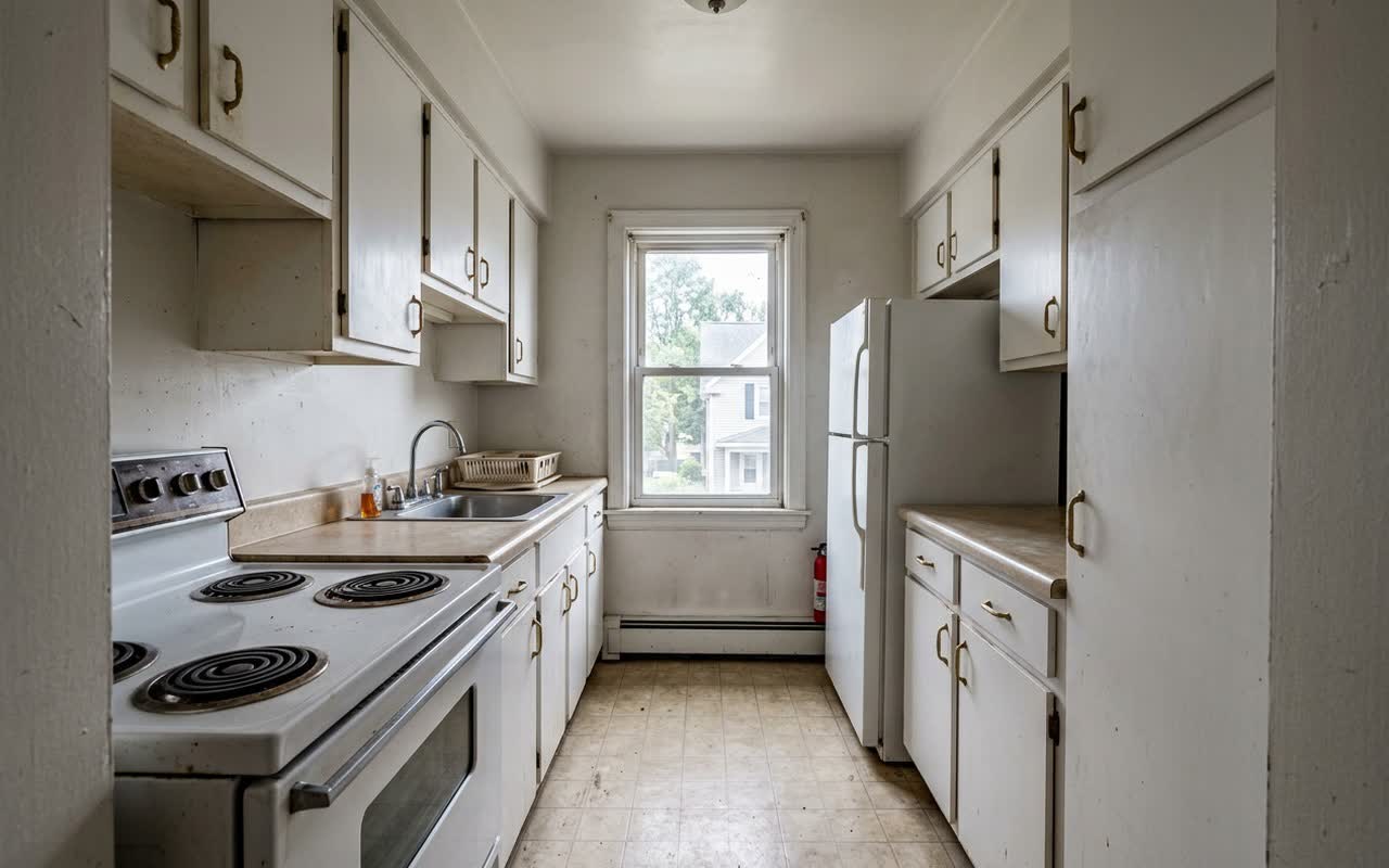 A narrow galley kitchen before any work: white cabinets with worn edges, a white freestanding range with coil burners, a sink under the window, a white fridge in an alcove and a radiator below the window