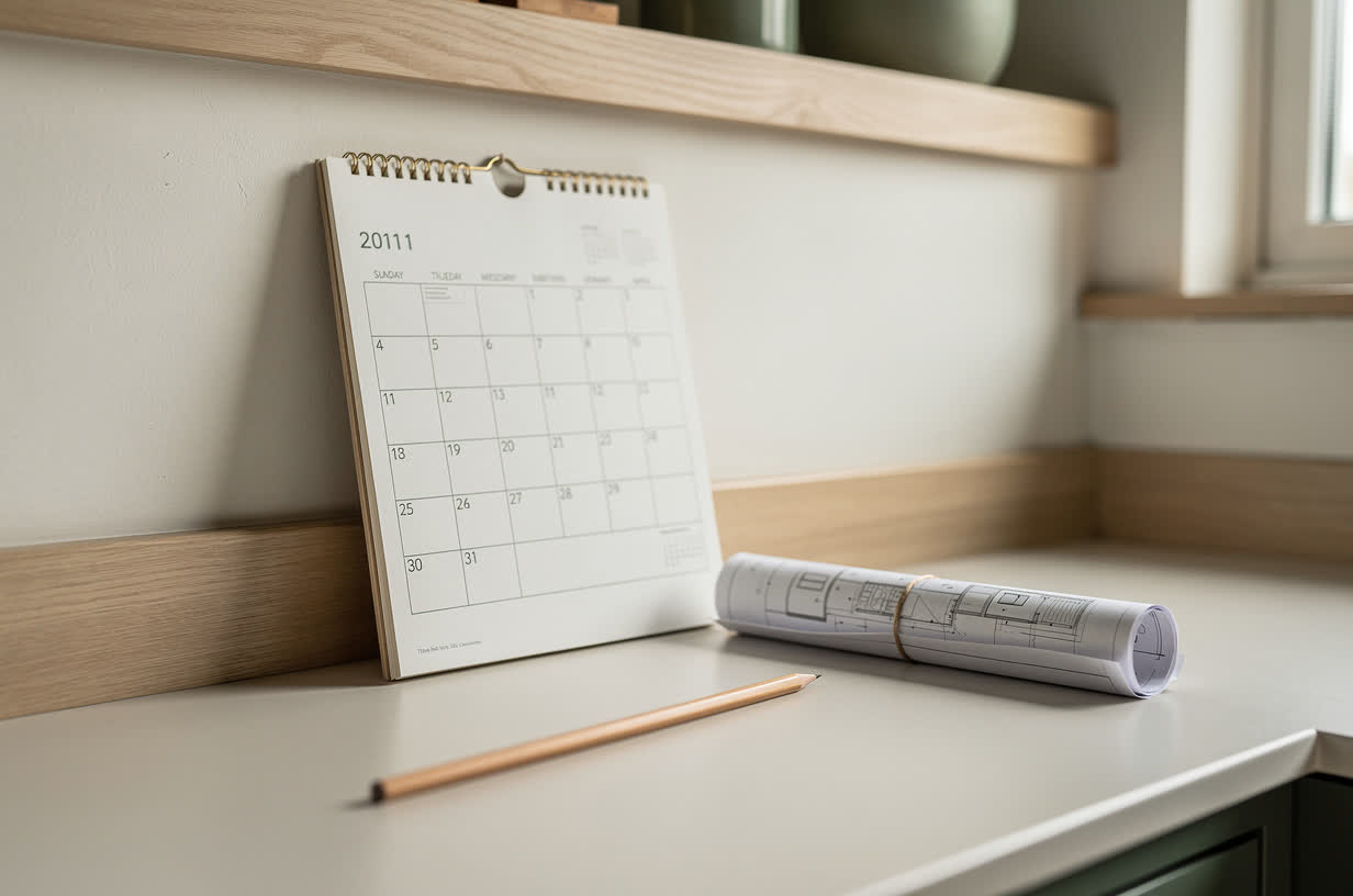 A wall calendar next to a printed kitchen plan and a pencil