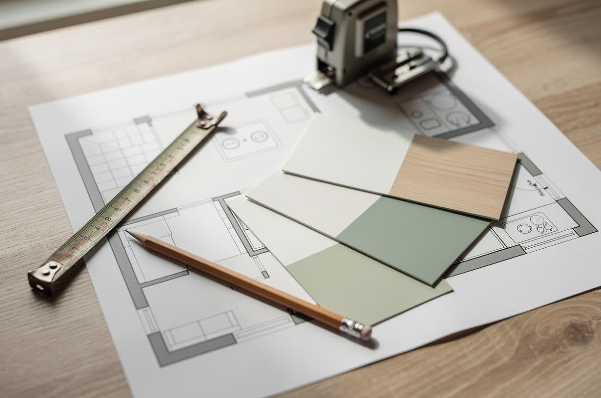 A printed kitchen floor plan on a table with a tape measure, a pencil and paint color cards