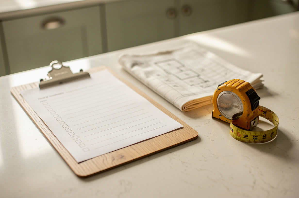 A printed checklist on a clipboard beside a kitchen plan and a tape measure