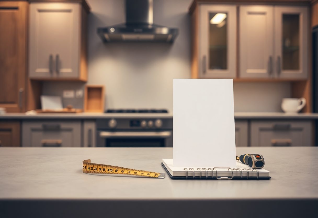 A kitchen showroom counter with a blank price card, a tape measure and a notebook on it