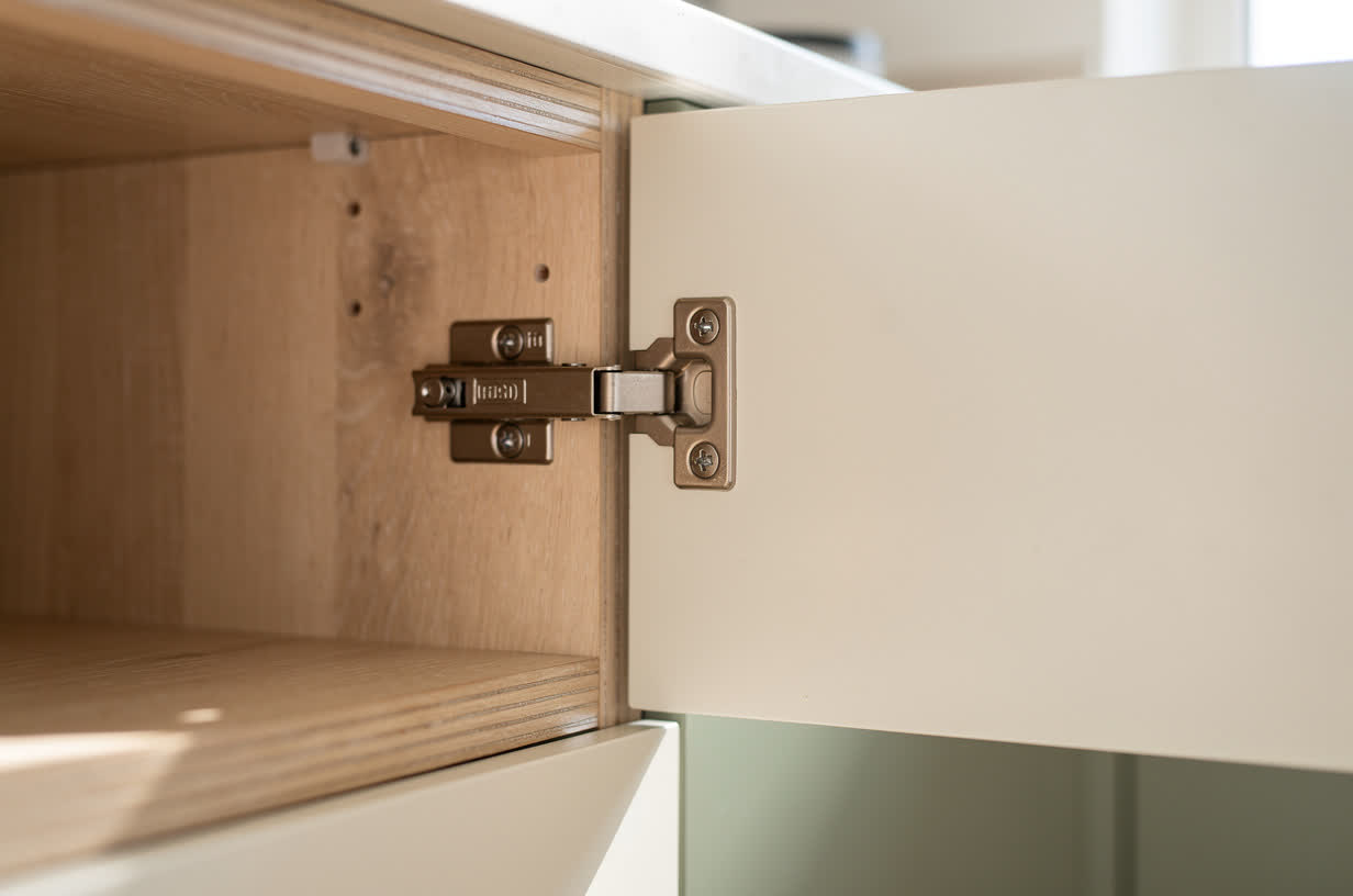 An open kitchen cabinet showing the carcass and hinges