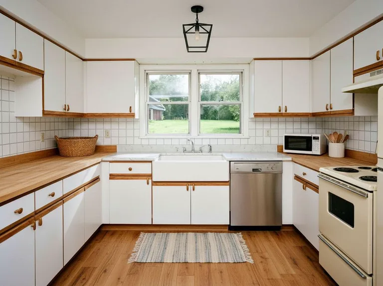 The same kitchen after its farmhouse redesign, with the layout and window unchanged