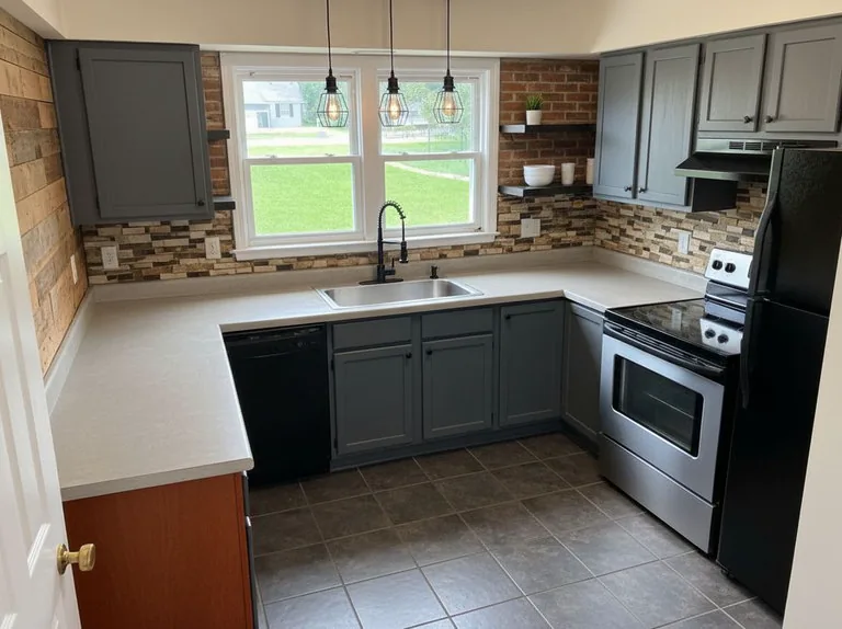 The same kitchen after its industrial redesign, with the layout and window unchanged