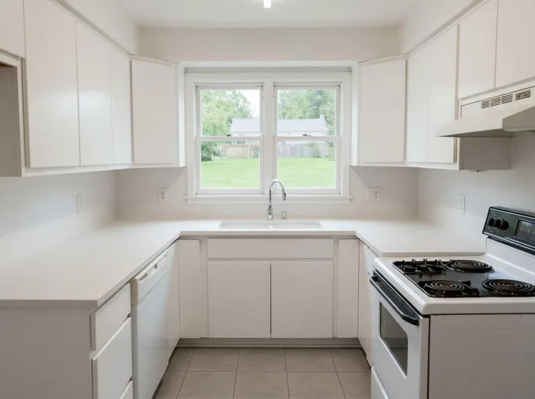 The same kitchen after its minimalist redesign, with the layout and window unchanged