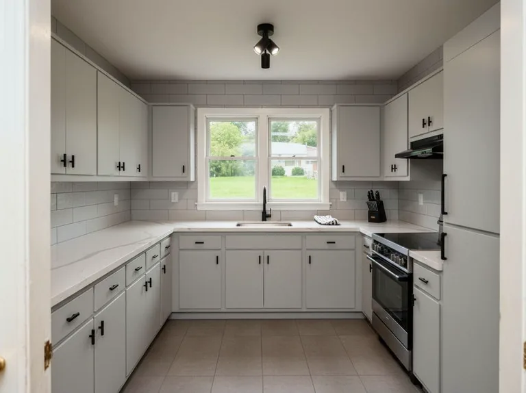 The same kitchen after its modern redesign, with the layout and window unchanged
