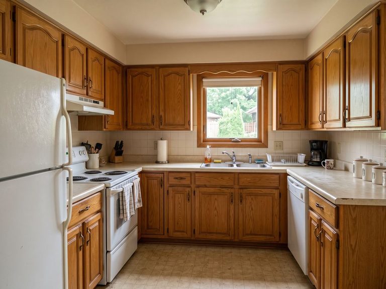 A dated kitchen photographed by its owner: honey oak cabinets, a white freestanding range, a sink under the window and vinyl flooring