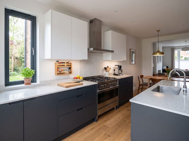 A kitchen redesigned in KitchenGPT, same room, new style