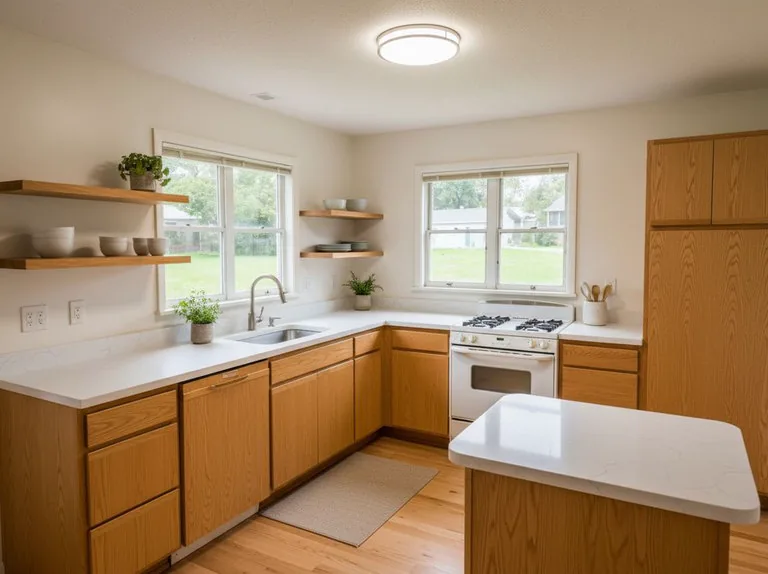 The same kitchen after its scandinavian redesign, with the layout and window unchanged