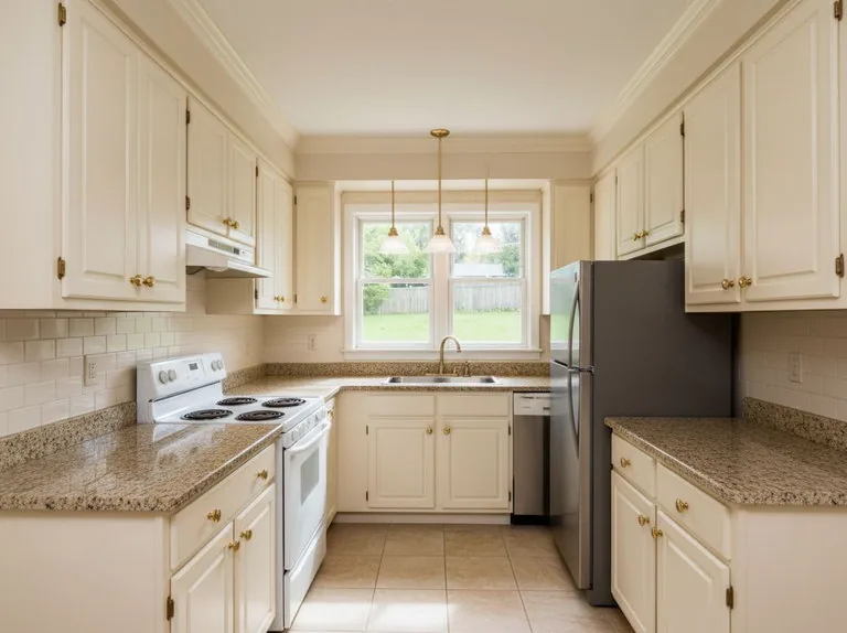 The same kitchen after its traditional redesign, with the layout and window unchanged