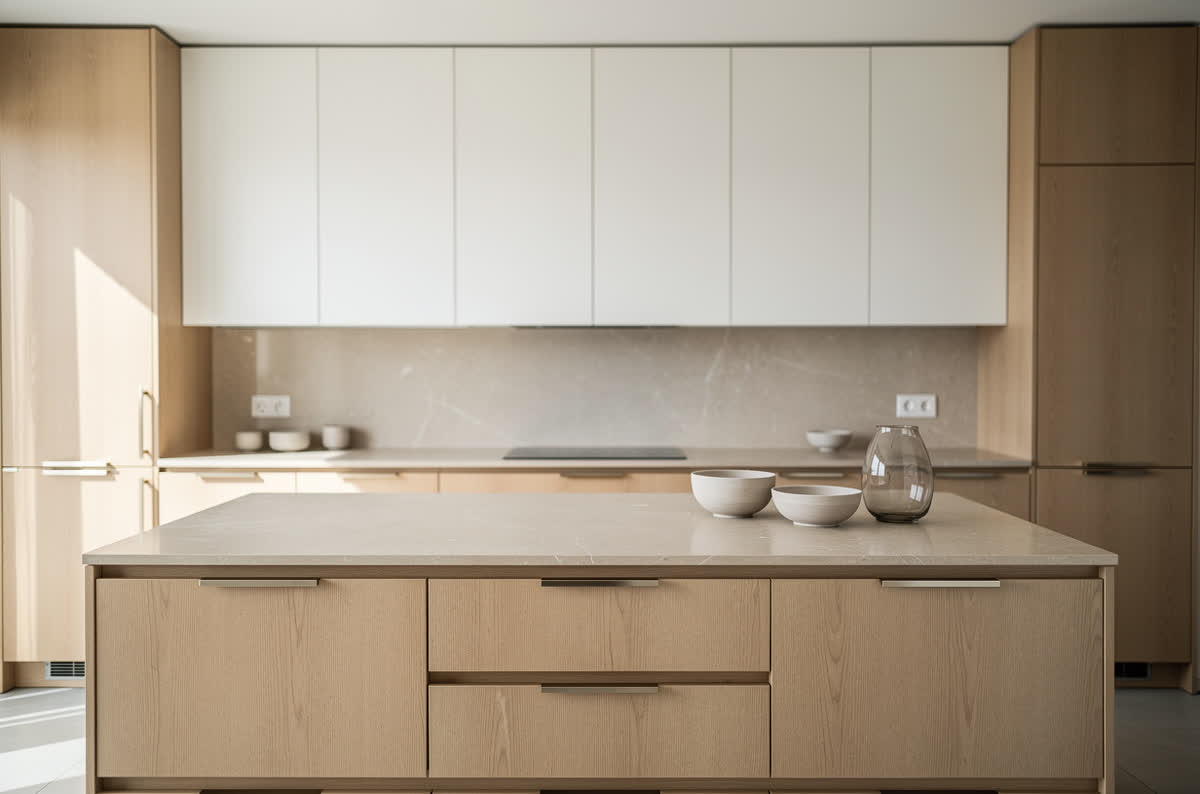 Finished kitchen remodel on handover day with two-tone cabinets and a large island