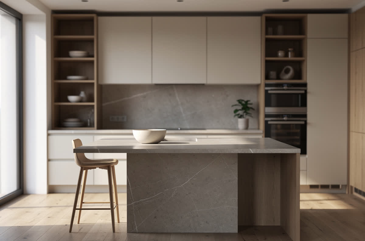 Finished modern kitchen with pale handleless cabinets, a stone island and warm oak accents