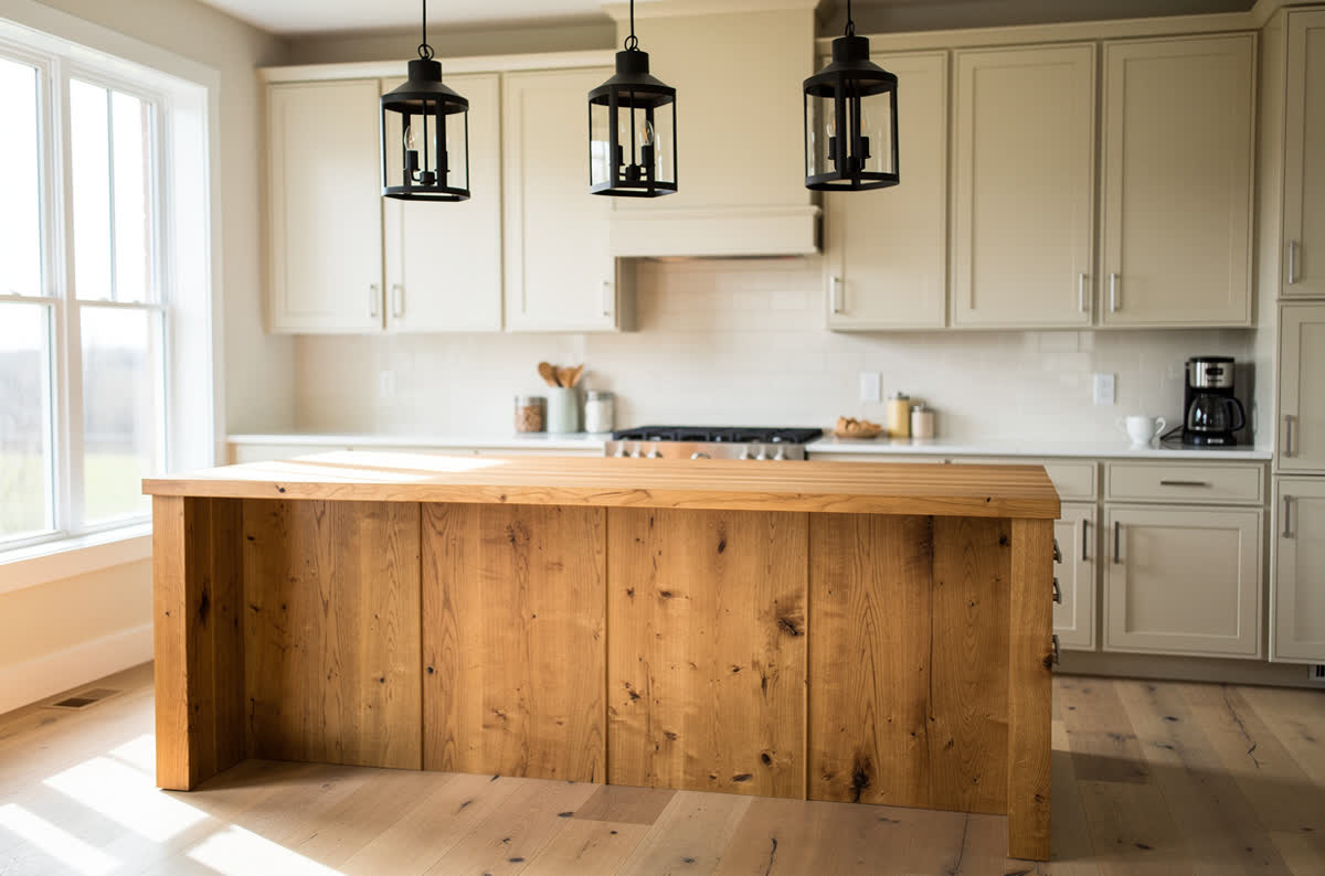 Modern farmhouse kitchen with cream shaker cabinets, a butcher block island and black lantern pendants