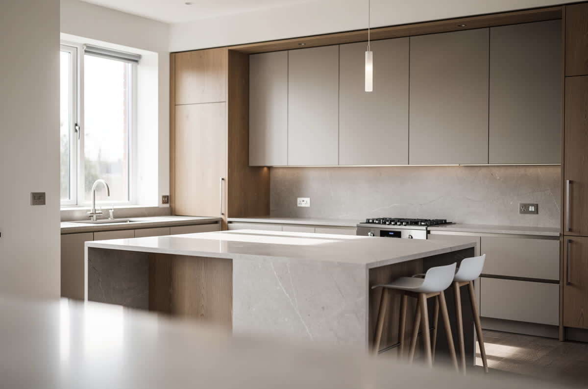 Newly completed new-build kitchen with clean unmarked finishes and empty counters