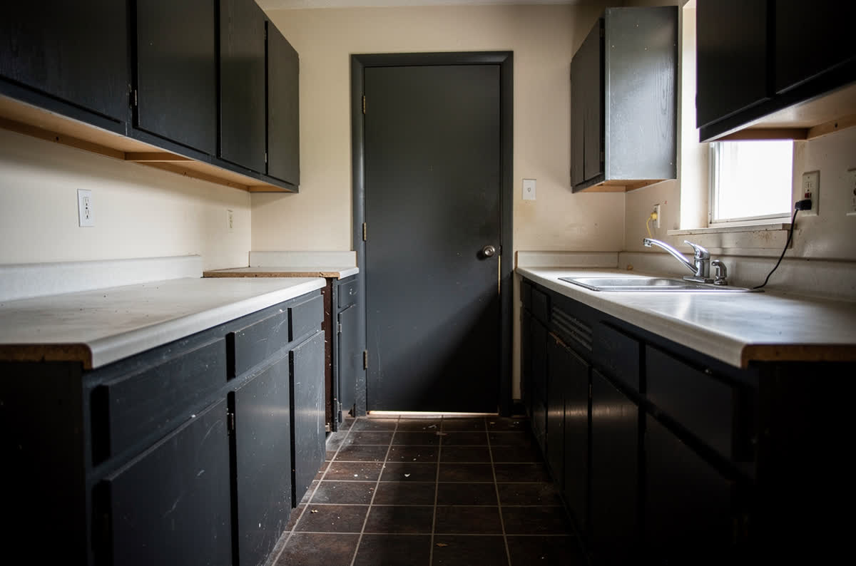 Cramped galley kitchen with dark cabinets down both walls and a dividing wall blocking the far end
