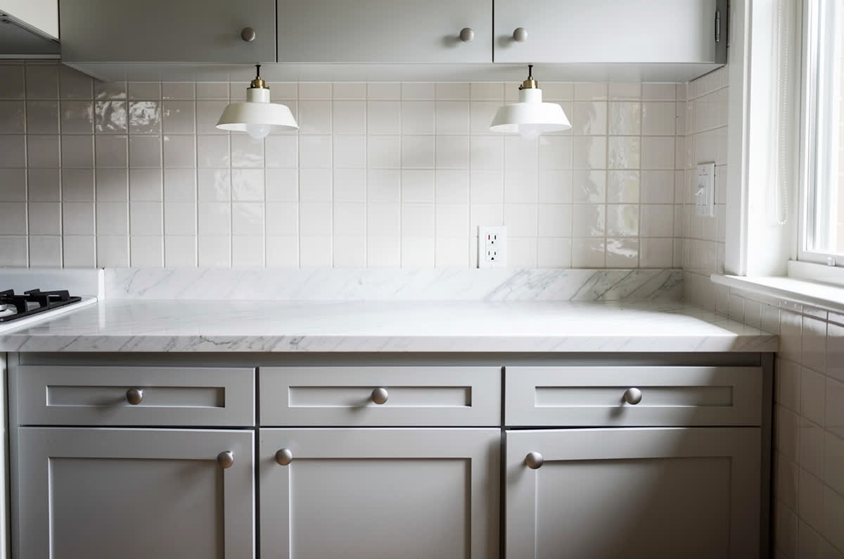The same kitchen refaced with pale gray doors, marble-look laminate counters, white tile and two new pendants