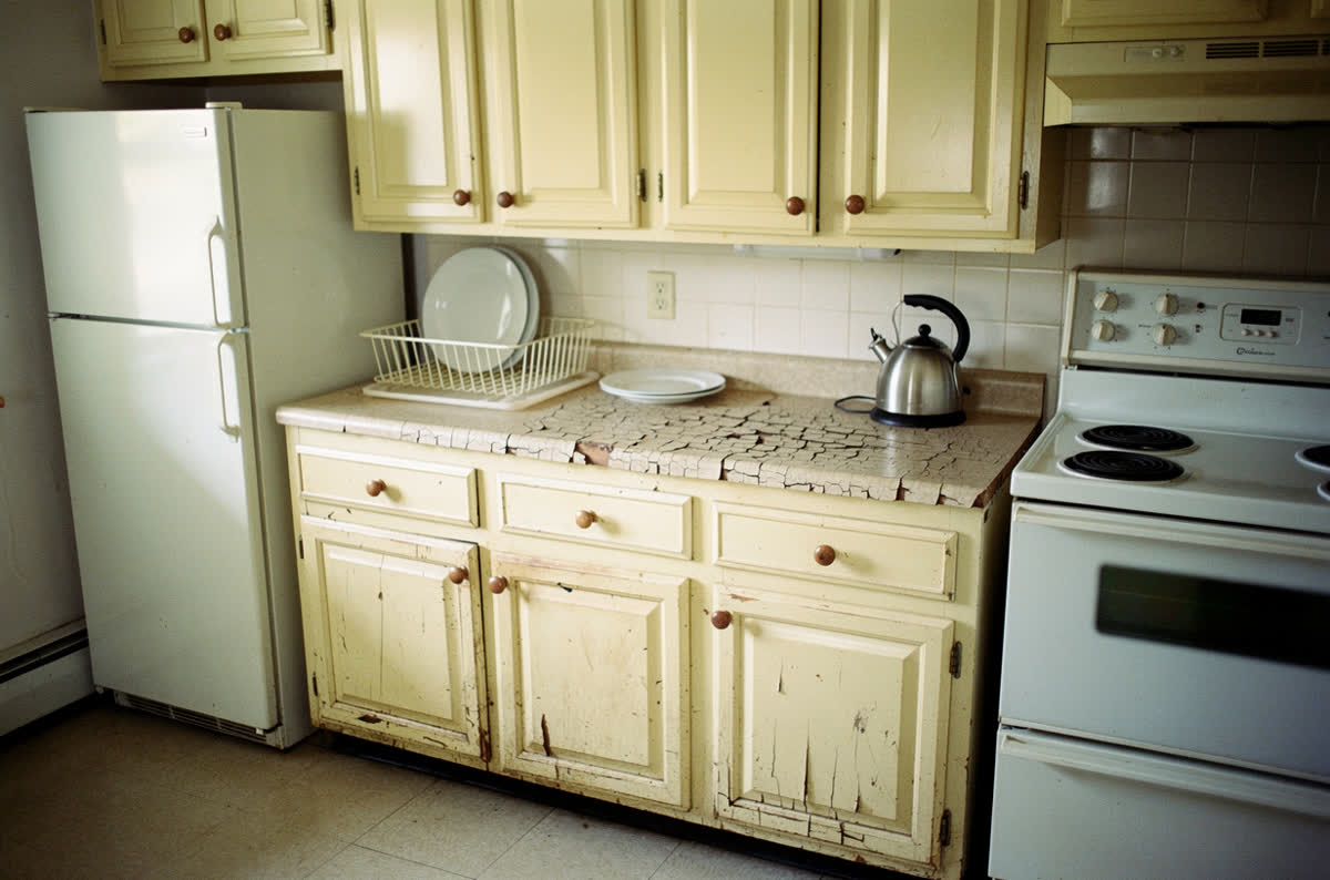 Old kitchen with dated raised-panel doors, cracked laminate counters and old white appliances