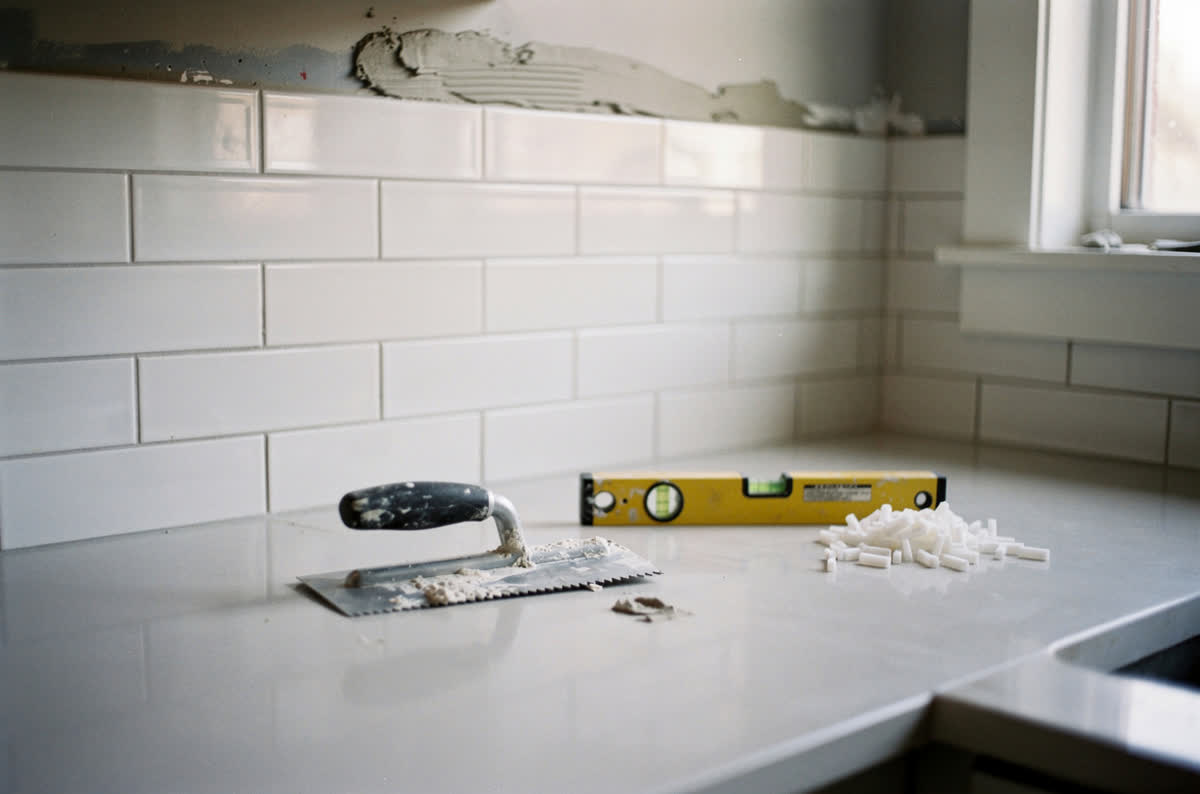 Part-finished white subway tile backsplash with a notched trowel, level and tile spacers on the counter