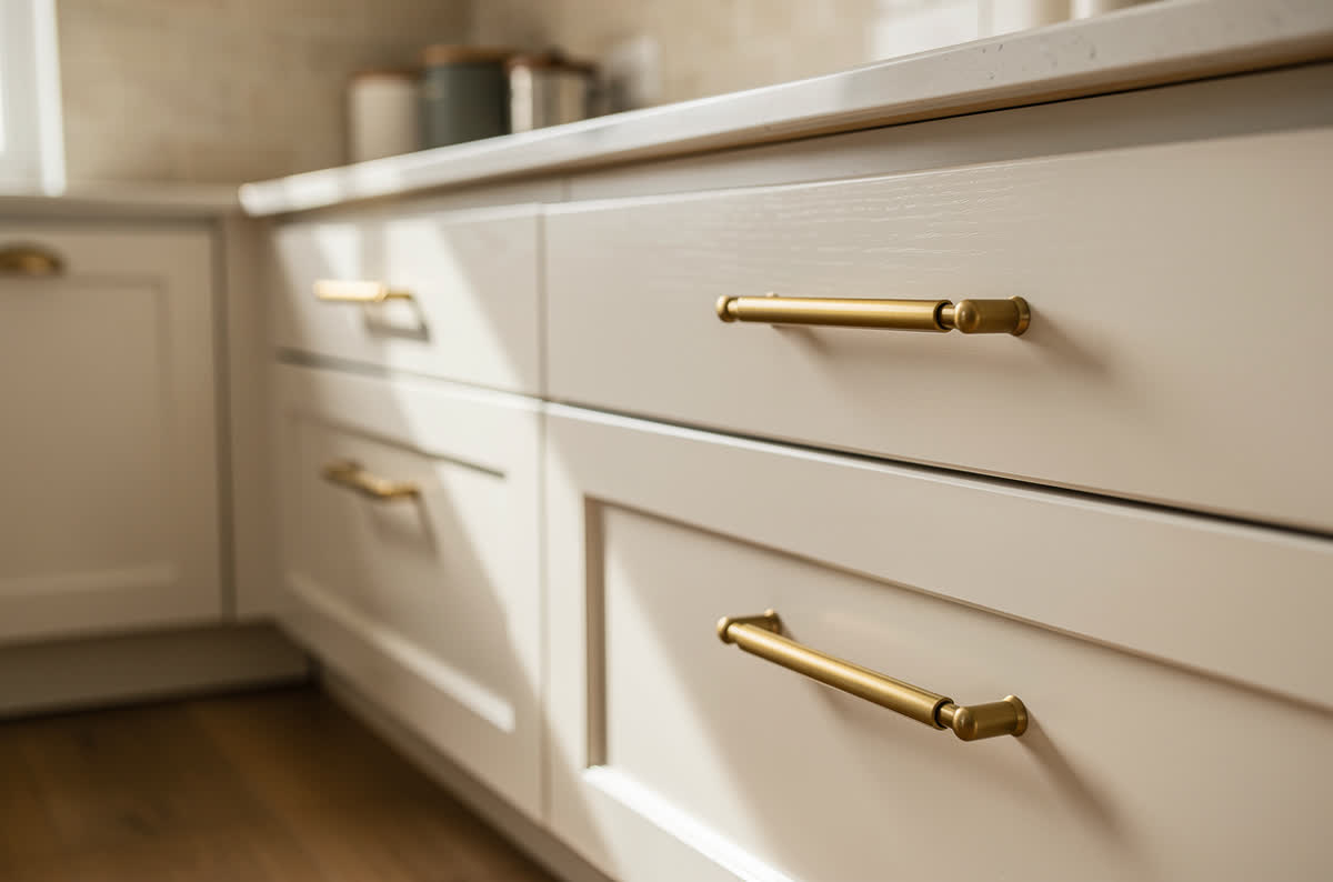 Kitchen cabinets freshly repainted soft warm white with new brass cup pulls, original boxes intact