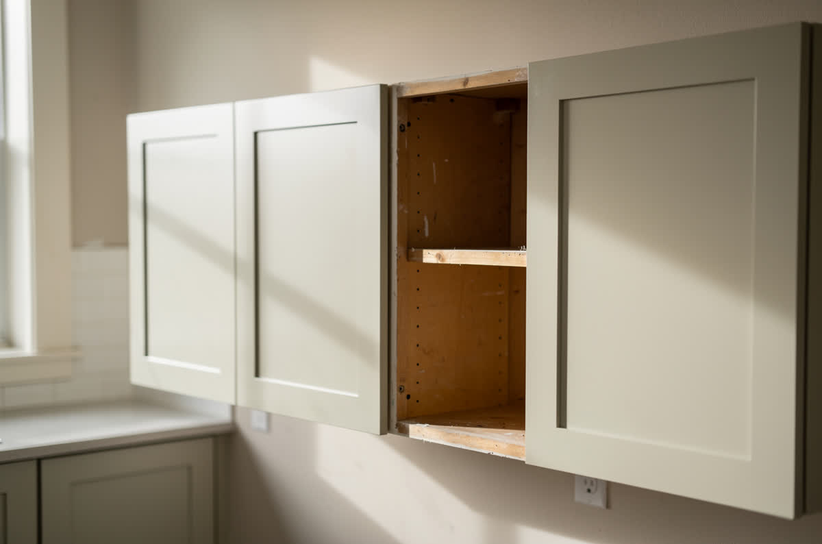 New pale shaker doors fitted to the original cabinet boxes, with one door not yet hung