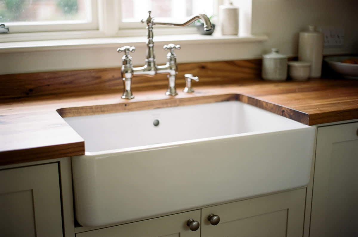 Deep white fireclay apron-front sink set into a wooden countertop below a bridge faucet