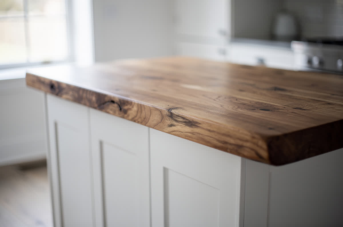 Thick oak butcher block countertop on a farmhouse island above white cabinets
