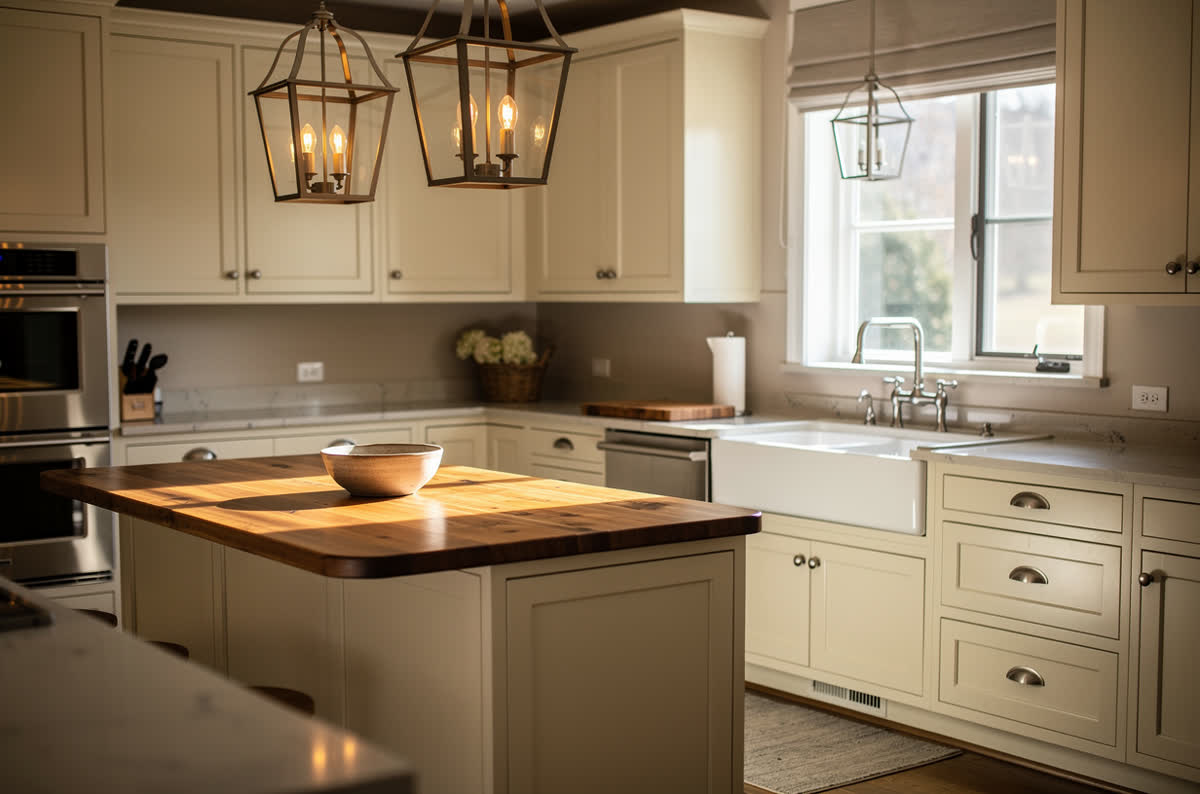 Farmhouse kitchen with cream shaker cabinets, a butcher block island and an apron-front sink