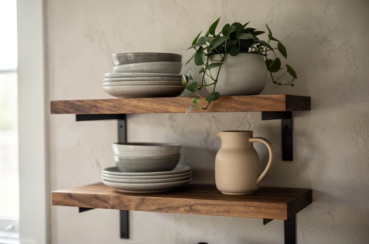 Open wooden shelves on black brackets holding stoneware plates, a plant and a ceramic jug