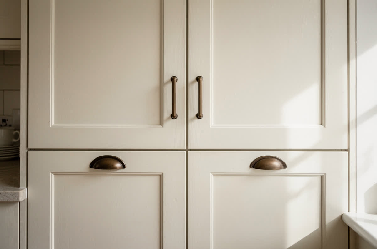 Recessed-panel shaker cabinets painted soft warm white with bronze cup pulls