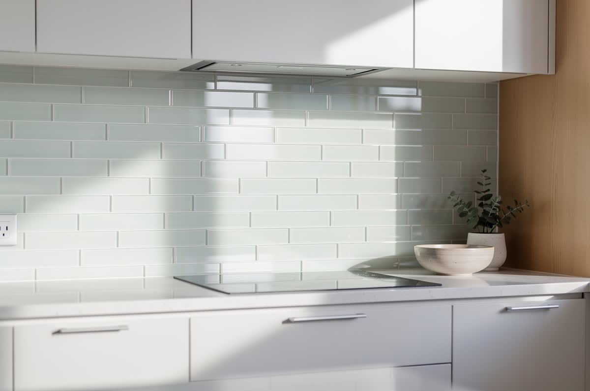 Reflective pale glass tile backsplash in a linear layout bouncing daylight back into the room