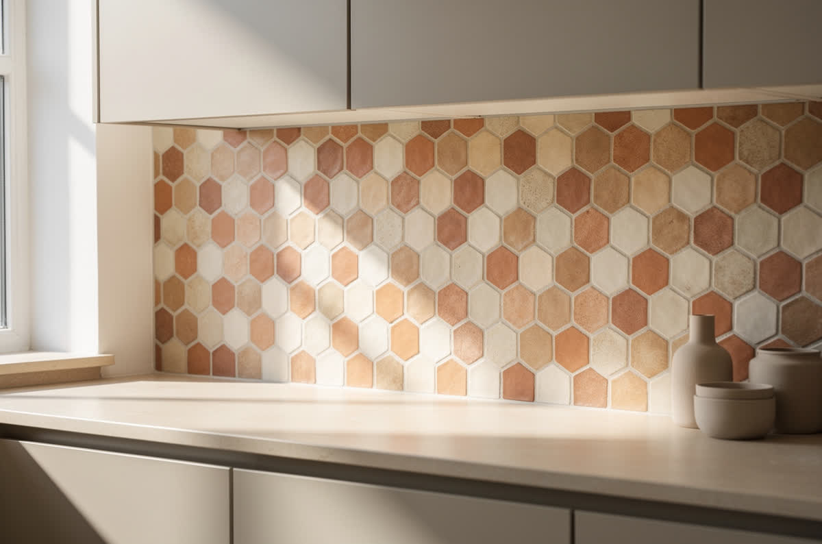 Large-format hexagon tile backsplash in warm terracotta and cream tones