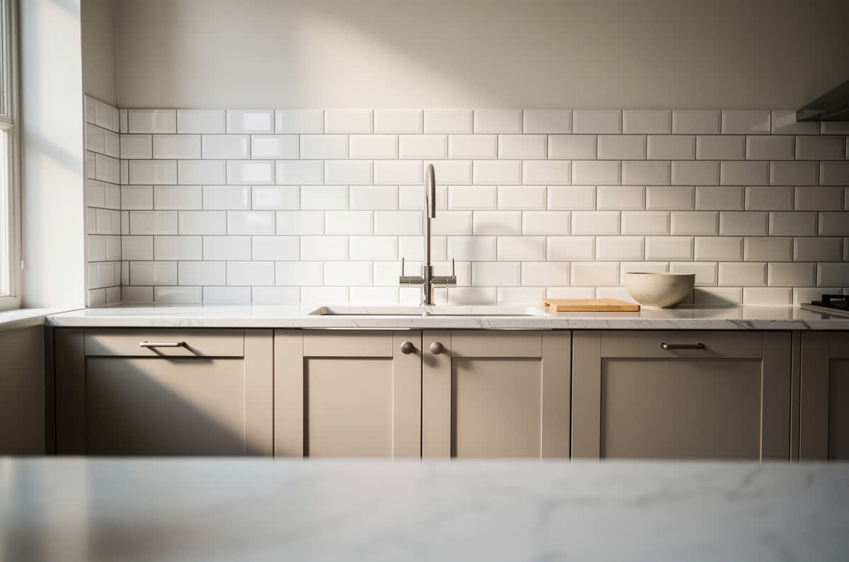 Kitchen with a white subway tile backsplash in a stacked pattern along the full counter