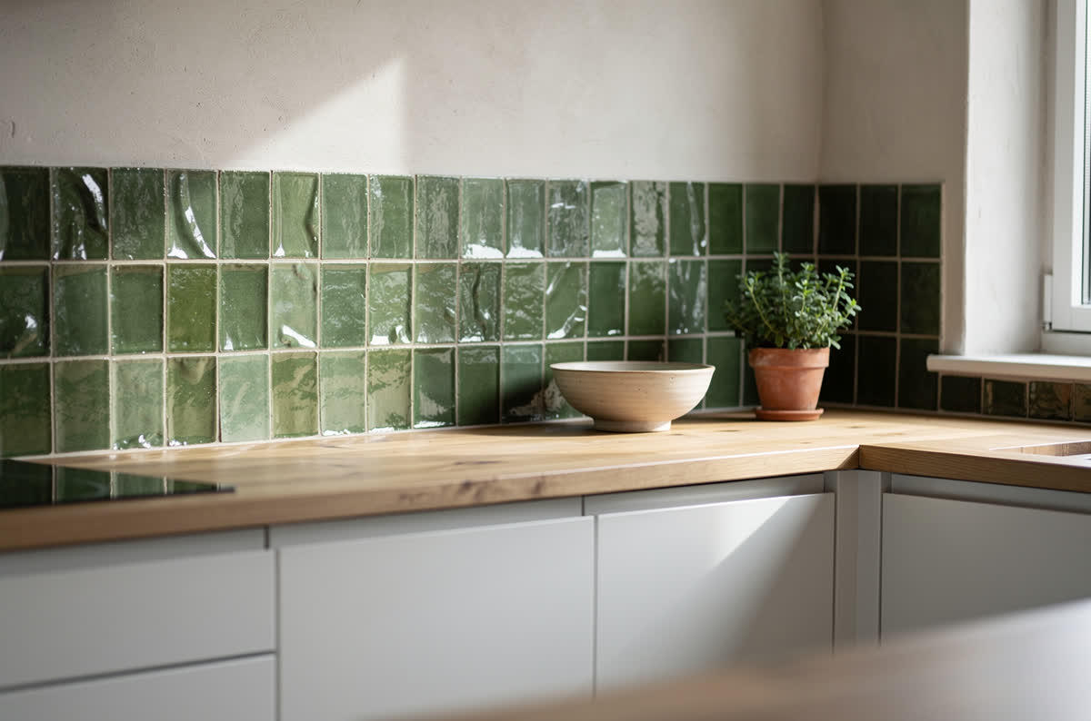 Handmade green zellige tile backsplash with a glossy uneven surface above a wooden counter