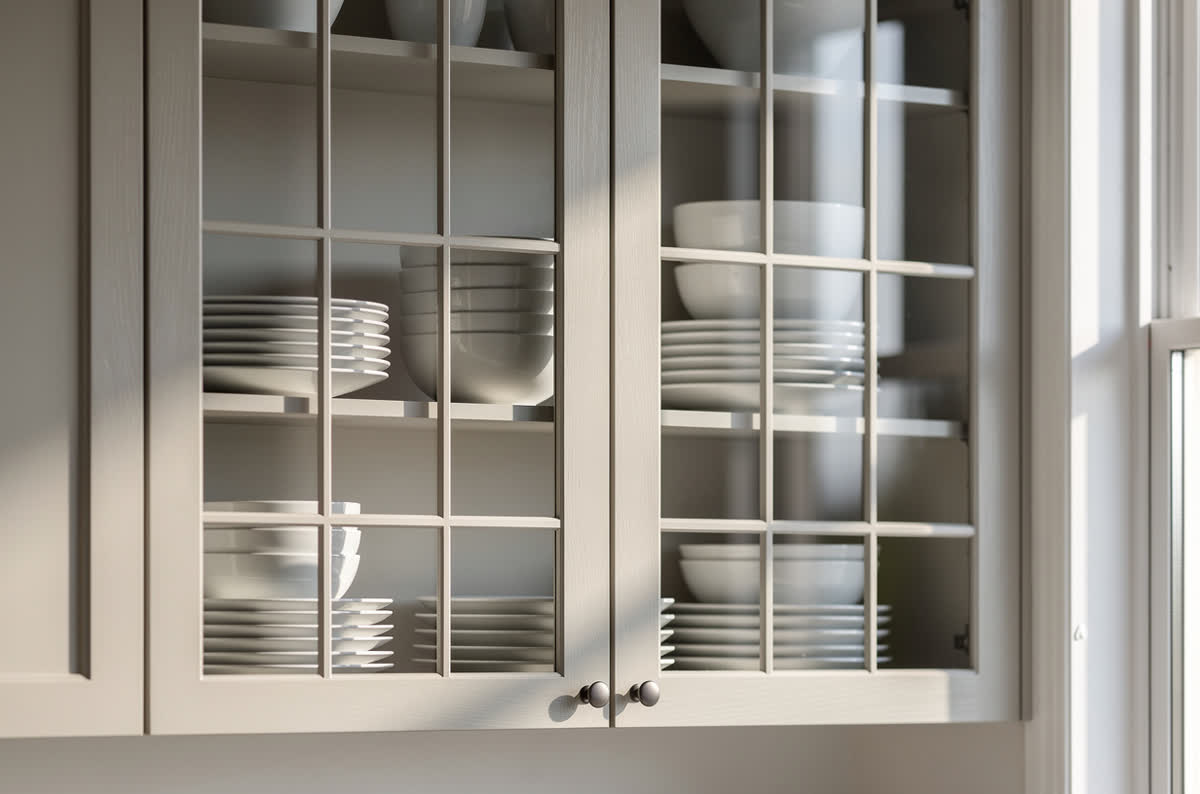 Cabinet doors with clear glass inserts and slim muntin bars showing stacked white dishes