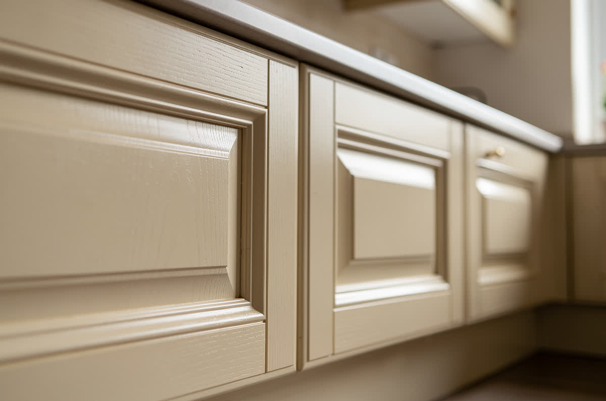 Traditional raised-panel cabinet doors with projecting center panels in warm cream